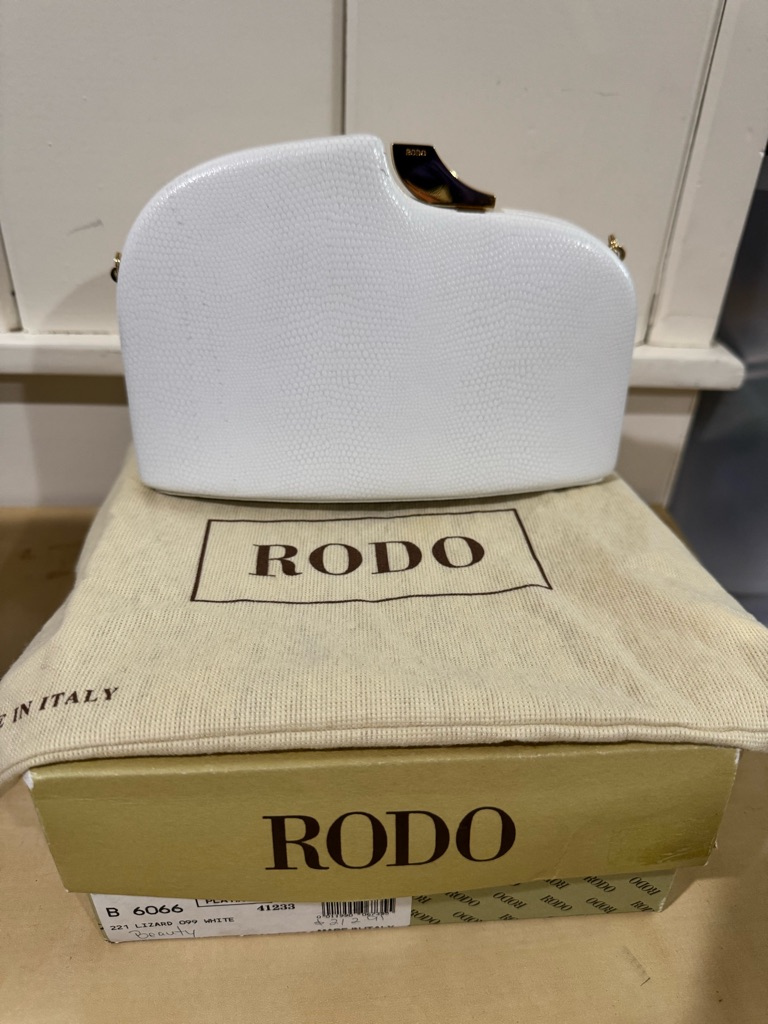 Rodo White Textured Leather Clutch Cross Body With Gold Accent